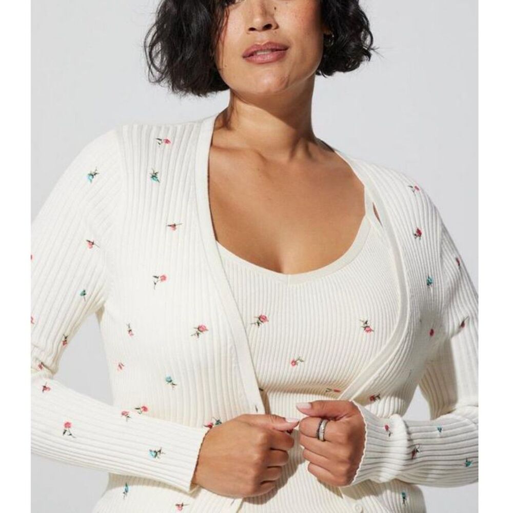 Torrid Floral Embroidered Ribbed Cardigan & Cami Set 1X 2X Ivory Spring Coquette